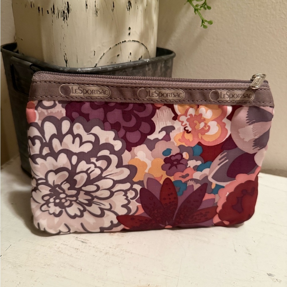 LeSportSac 3 zipper Pouch/cosmetic/bag/wallet/ pink&brown Flowers pattern 7"x5" - Picture 2 of 6